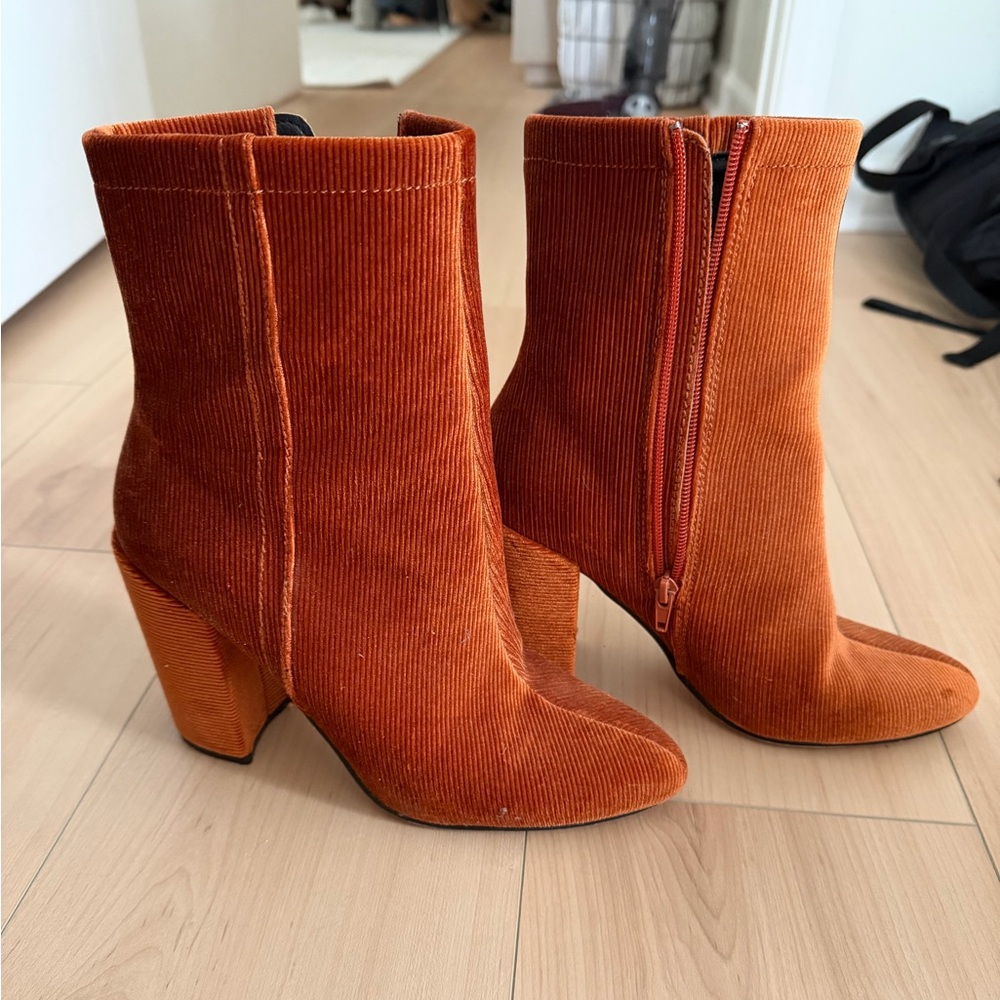 Burnt orange corduroy booties